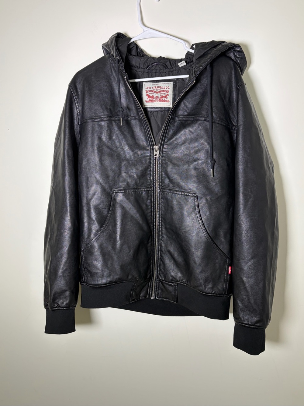 Levi's Black Faux Leather Hooded Zip-Up Jacket Men’s Medium